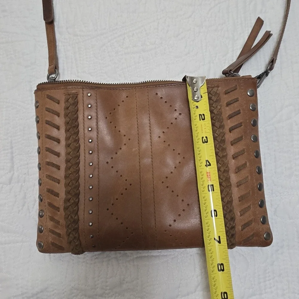 Lucky Brand Brown Leather Crossbody Bag Braided Studded Boho Triple‎ Compartment